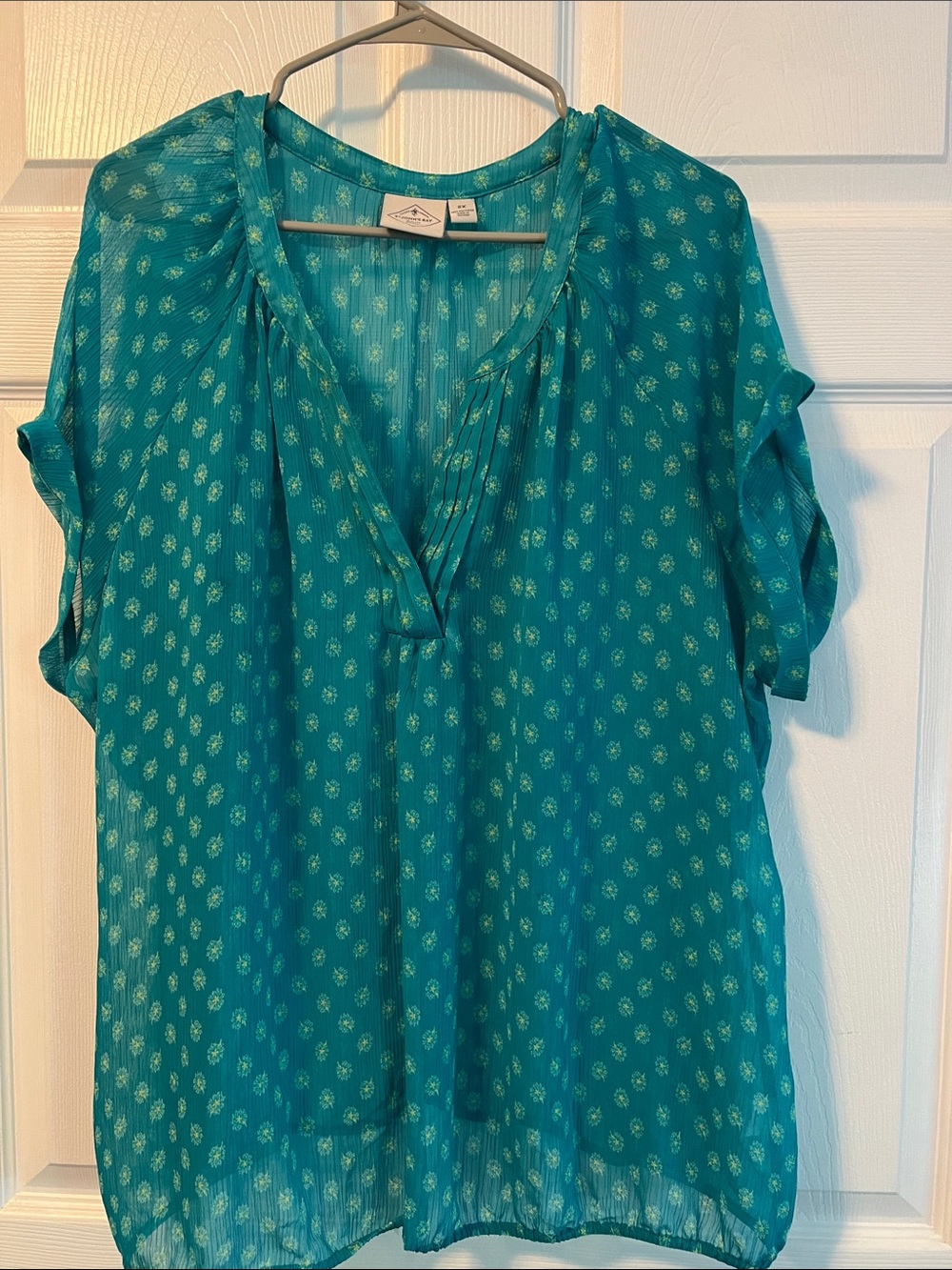 Cool shear Teal floral Print V-Neck Blouse